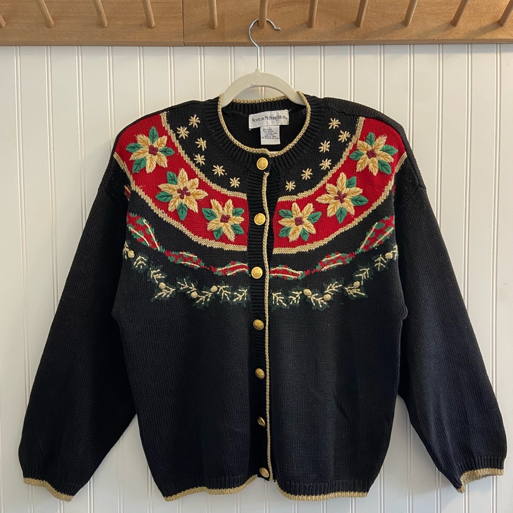 Vintage Norton McNaughton Holiday Cardigan Sweater Black Red Green Gold Large